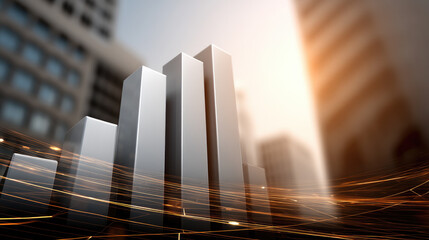 Modern abstract cityscape with tall geometric buildings, sunlight, and dynamic light streaks, symbolizing urban growth and innovation