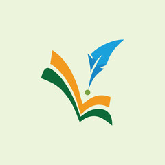 Abstract education logo showing an open book formed by green and orange pages with a blue feather pen above, symbolizing learning, writing, creativity, knowledge, and academic growth.