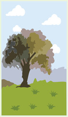 Stylized illustration of a single tree standing on green grass under a blue sky with soft clouds, featuring muted natural colors and a calm outdoor landscape atmosphere.