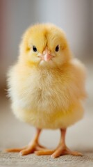 Obraz premium cute baby chick portrait, fluffy yellow feathers, innocent expression, clean background, soft natural light