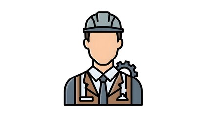Fototapeta premium Illustration of a male construction worker with a hard hat and a gear emblem on his shoulder, symbolizing engineering and industry professions