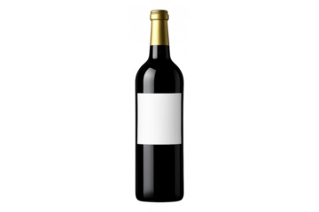 Red wine bottle featuring a blank label mockup and golden foil, ideal for branding concepts on transparent background
