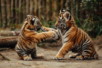 Fototapeta premium Tiger Cubs Playing Fight on Dirt Ground in Zoo