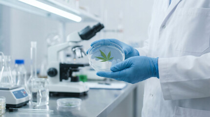 Scientist in lab holding petri dish with plant leaf for scientific research