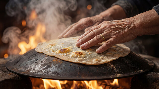 Traditional Baking of Qursan Bread on Iron Saj by Elderly Woman