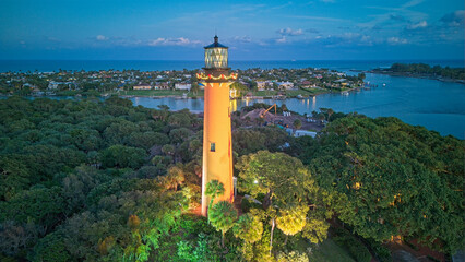 aerial view at sunset of Jupiter Lighthouse
