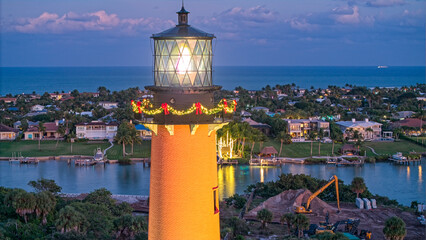 aerial view at sunset of Jupiter Lighthouse at XMAS