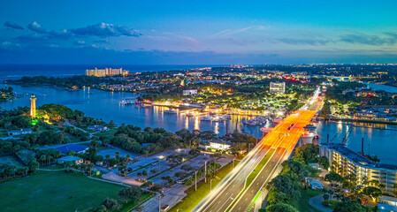 aerial view at sunset of Jupiter Inlet
