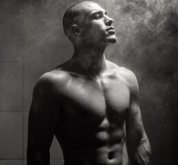 Fototapeta premium Muscular Man in Steam: A striking, black and white photograph showcases a muscular man in a moment of introspection, enveloped in a cloud of steam, highlighting strength and vulnerability.