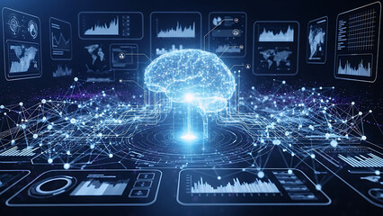 High-tech illustration of artificial intelligence brain surrounded by digital dashboards and data interfaces, representing machine learning, innovation, and future technology.