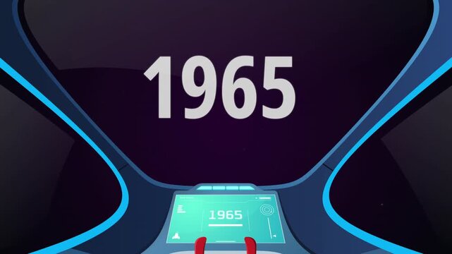 Time travel cockpit with futuristic animation jump to the year 1965. Ideal for content creators, tech presentations, future concepts, and cinematic video projects.