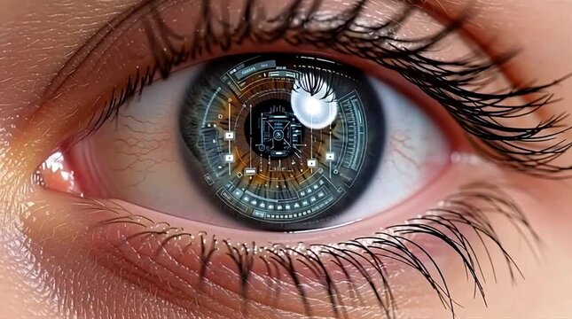 Close up of human eye with a futuristic cybernetic iris implant symbolizing deep fake