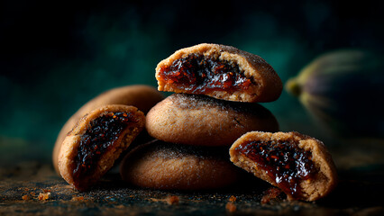 Pile of fig cookies some cut in half exposing fig filling dark teal background still life
