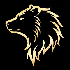 Stylized golden bear head in profile vector illustration or logo symbolizing strength and power isolated on a solid black background.