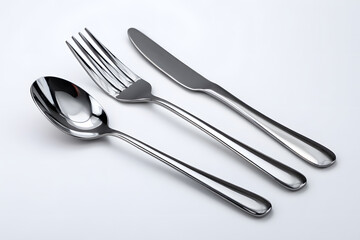 Different sizes of polished stainless steel cutlery arranged neatly on a white background for dining purposes