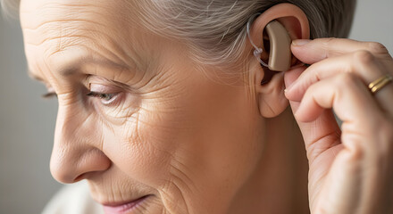 Elderly woman adjusting hearing aid device