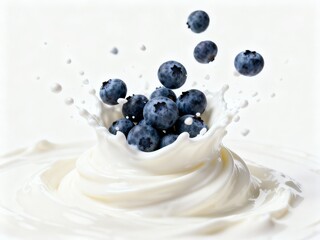 Fresh Blueberries Exploding and Splashing into a Thick Swirl of Creamy White Yogurt.
