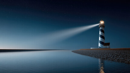 Lighthouse night sea sky beam water coast star building tranquil peaceful navigation safety blue striped architecture guidance shoreline