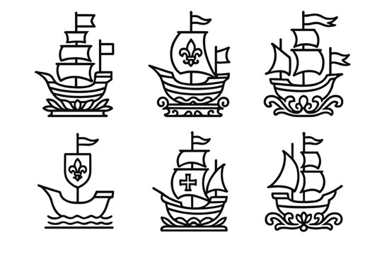 Ornate Ship Icons. Icons for: regal vessel displays, ornate ship showcases, royal bannered decks, elegant mast symbols, heraldic