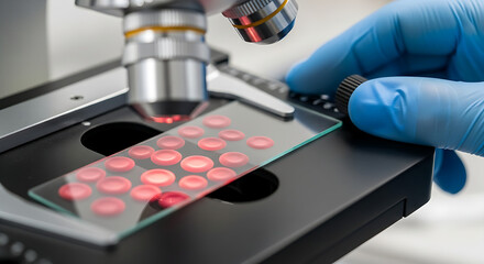 Scientist examining blood samples under microscope isolated on white background