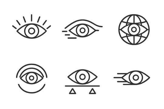 Ocular Divination Symbols. Line vector icons of an ocular travel of divination: radiant eye-shaped outlines, luminous seeing arcs,