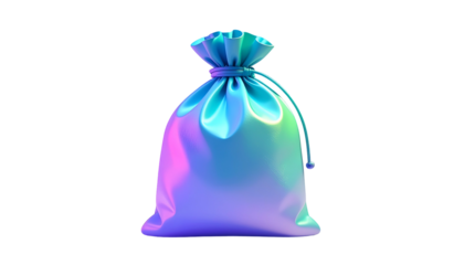 A 3D rendered drawstring pouch with neon blue, pink, and green lighting on black background