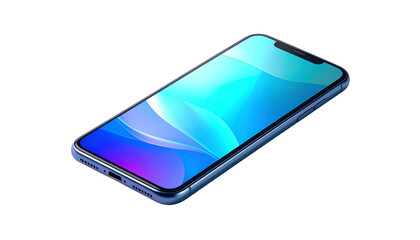 Angled, modern smartphone with a vibrant blue-purple abstract screen, isolated on black