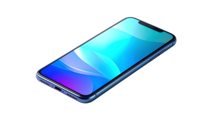 Angled, modern smartphone with a vibrant blue-purple abstract screen, isolated on black