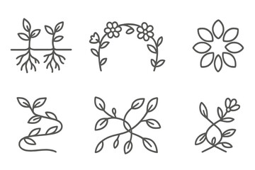 Botanical Line Style Icons. Line style icons of botanical linkage systems: connected roots, flowering arc, petal circle, leaf path