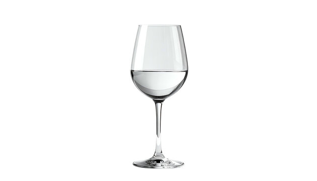 A clear, stemmed glass, filled partially with transparent liquid, on a black background