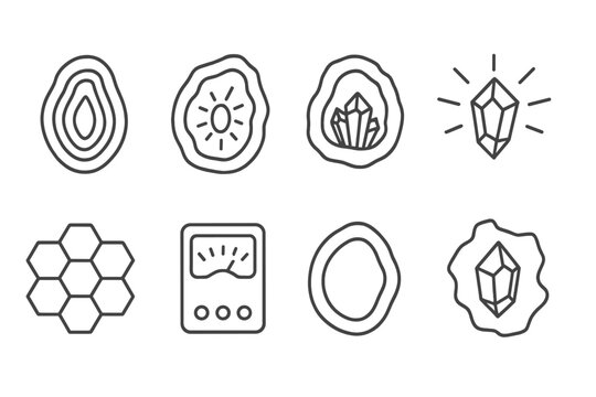 Geode Measurement Icons. Line style icons of geode dosage measurement: layered cavity, radiant wave path, crystalline shell,