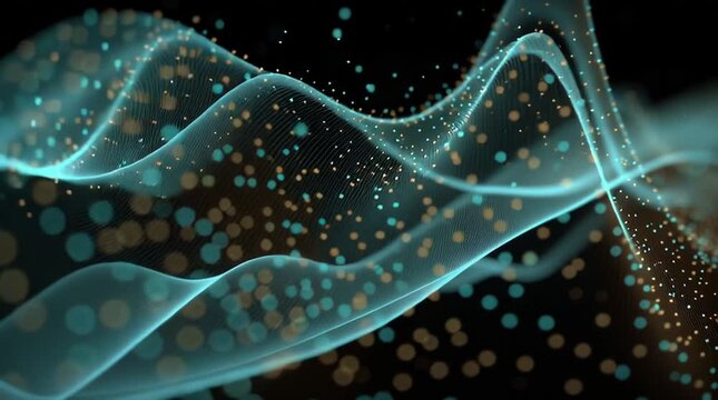 Flowing waves of glowing digital particles with soft gradients and motion energy, creating a futuristic AI visualization that conveys data flow, intelligence and dynamic computation in 4K.
