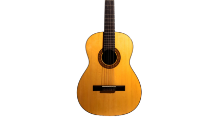A classical acoustic guitar, light wood, in full view against a stark black background