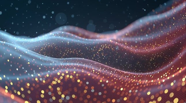 Flowing waves of glowing digital particles with soft gradients and motion energy, creating a futuristic AI visualization that conveys data flow, intelligence and dynamic computation in 4K.
