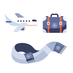 Travel essentials illustrated with airplane, suitcase, and scarf icons for journey planning