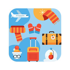 Travel essentials and winter accessories for a comfortable journey with luggage and warm clothing