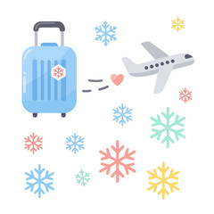 Traveling with a suitcase and airplane amidst colorful snowflakes for winter journey spirit