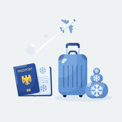 Travel Preparation with Passport and Luggage for Airplane Journey Featuring Snowflakes