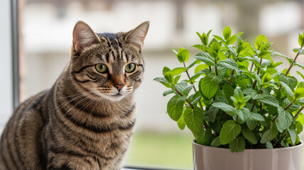 Tabby cat sitting beside mint plant on windowsill indoors  