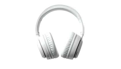 Isolated, pristine white over-ear headphones, centrally positioned against a solid black backdrop