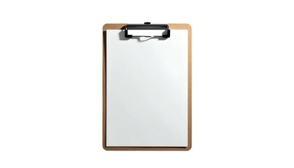 Isolated view of a standard wooden clipboard holding a blank white sheet against black background