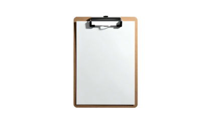 Isolated view of a standard wooden clipboard holding a blank white sheet against black background