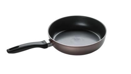 An open, empty, non-stick, rounded frying pan with a black handle, resting on black
