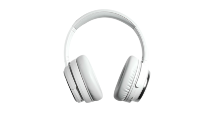 Overhead, white, wireless headphones isolated on black background, showcasing detail