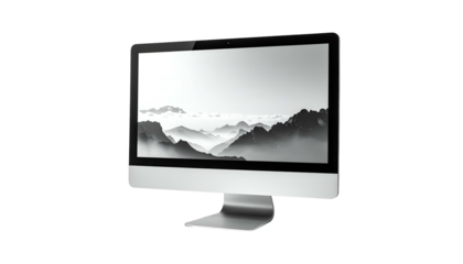 A sleek, silver desktop computer with a mountain landscape display, black background