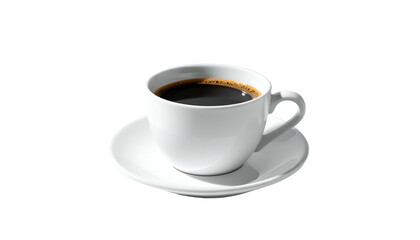 White ceramic cup filled with dark, steaming liquid on a matching saucer, against black