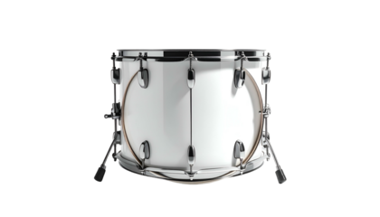 Isolated glossy white drum with shiny metal hardware, brown hoops, and dark background