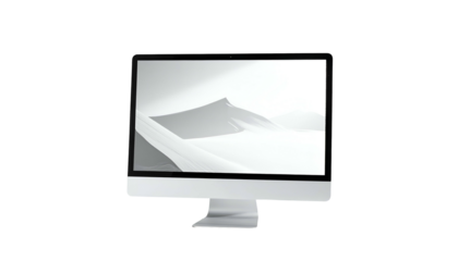 Sleek silver computer display shows monochromatic landscape against a black background