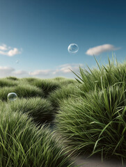 Lush green grass blue sky fluffy cloud surreal landscape bubble nature outdoor peaceful daylight summer