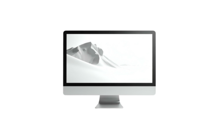 Sleek desktop computer with a bright monochrome desert landscape on its screen